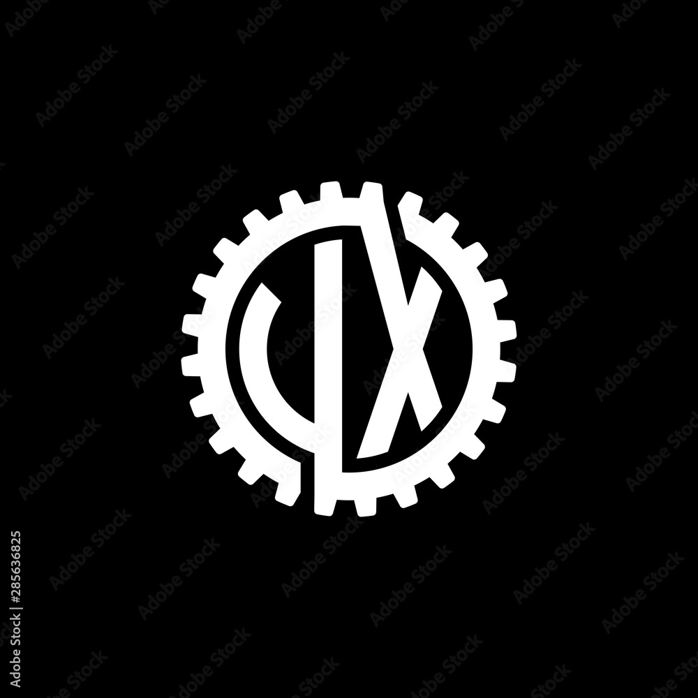 Initial letter U and X, V and X, UX, VX, interlock cogwheel gear monogram logo, white color on black background Initial letter U and X, V and X, UX, VX, interlock cogwheel gear monogram logo, white color on black background