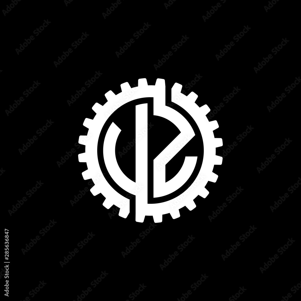 Initial letter U and Z, V and Z, UZ, VZ, interlock cogwheel gear monogram logo, white color on black background Initial letter U and Z, V and Z, UZ, VZ, interlock cogwheel gear monogram logo, white color on black background