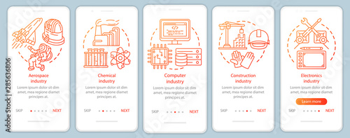 Secondary sector of economy onboarding mobile app page screen vector template. Informational services. Walkthrough website steps with linear illustrations. UX, UI, GUI smartphone interface concept