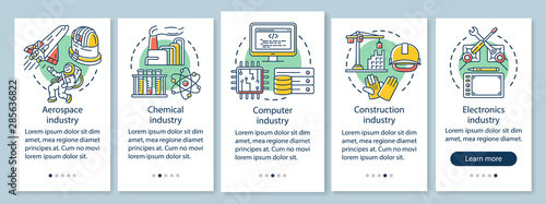 Secondary sector of economy onboarding mobile app page screen with linear concepts. Advanced industry. Five walkthrough steps graphic instructions. UX, UI, GUI vector template with illustrations