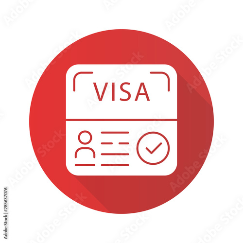 Start up visa red flat design long shadow glyph icon. Temporary residence permit. Travel document. Tourist paperwork. Travel approval. Foreign entrepreneurs visa. Vector silhouette illustration