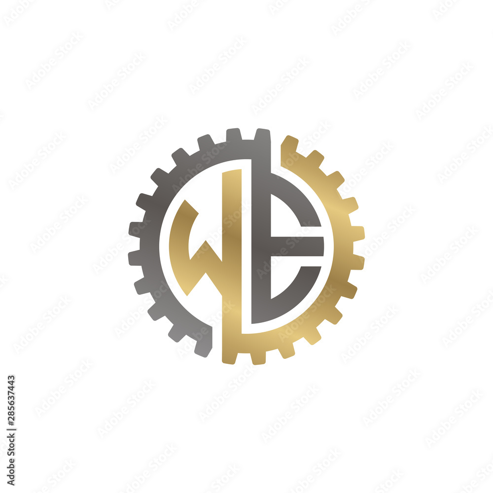 Initial letter W and E, WE, interlock cogwheel gear logo, black gold on white background Initial letter W and E, WE, interlock cogwheel gear logo, black gold on white background