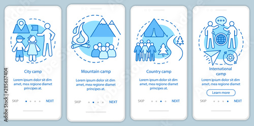 Travelling, nature camps onboarding mobile app page screen with linear concepts. Camping vacation, trip walkthrough steps graphic instructions. UX, UI, GUI vector template with illustrations