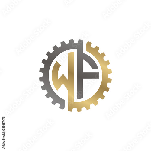 Initial letter W and F, WF, interlock cogwheel gear logo, black gold on white background