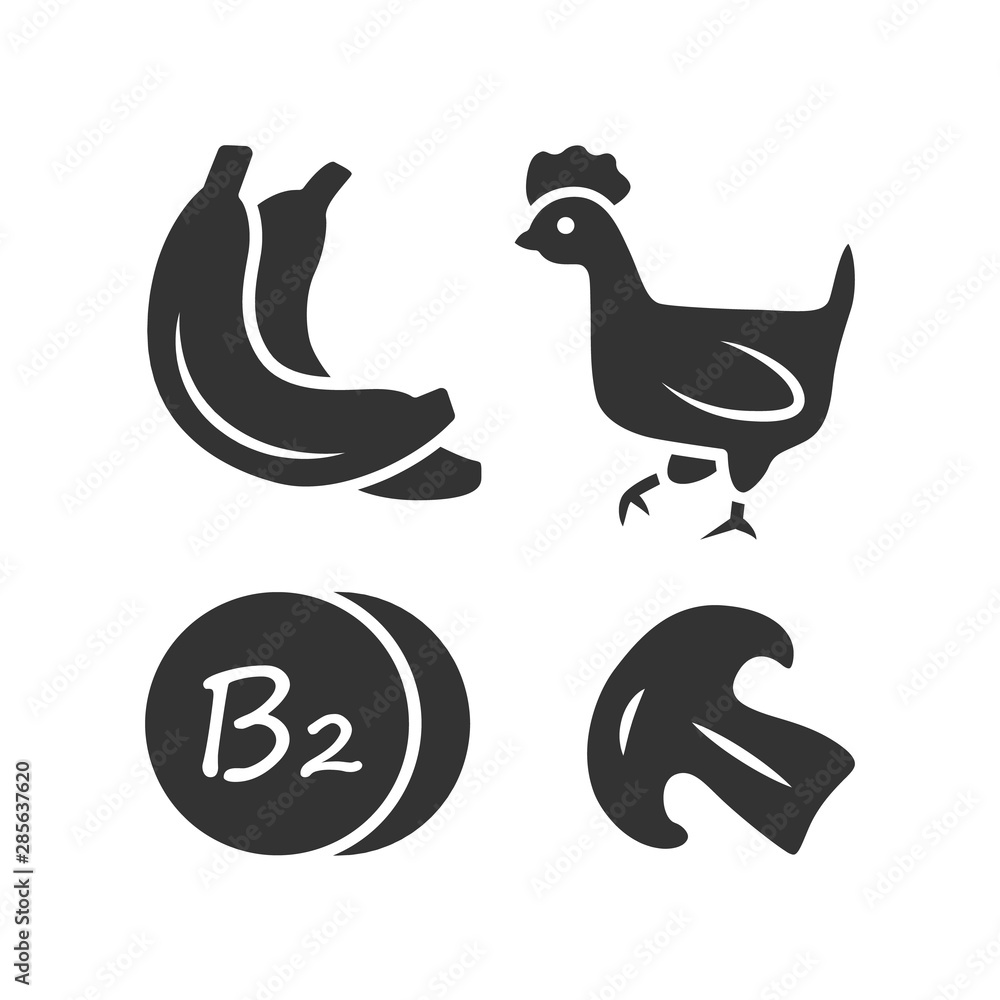 Vitamin B2 glyph icon. Bananas, poultry and mushroom. Healthy eating. Riboflavin natural food source. Minerals, antioxidants. Silhouette symbol. Negative space. Vector isolated illustration Vitamin B2 glyph icon. Bananas, poultry and mushroom. Healthy eating. Riboflavin natural food source. Minerals, antioxidants. Silhouette symbol. Negative space. Vector isolated illustration