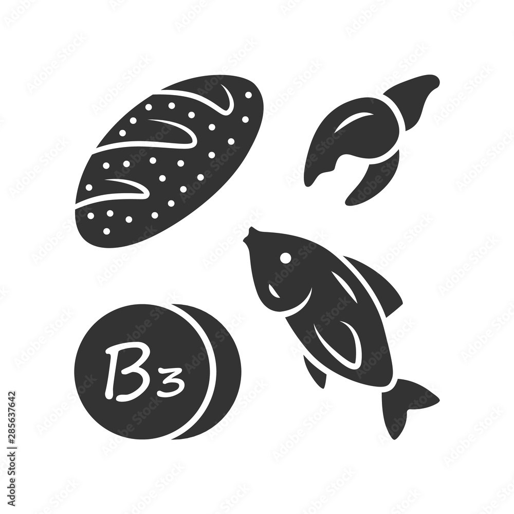 Fototapeta premium Vitamin B3 glyph icon. Bread, fish and seafood. Healthy eating. Nicotinic acid. Vitamin PP, niacin natural food source. Minerals. Silhouette symbol. Negative space. Vector isolated illustration