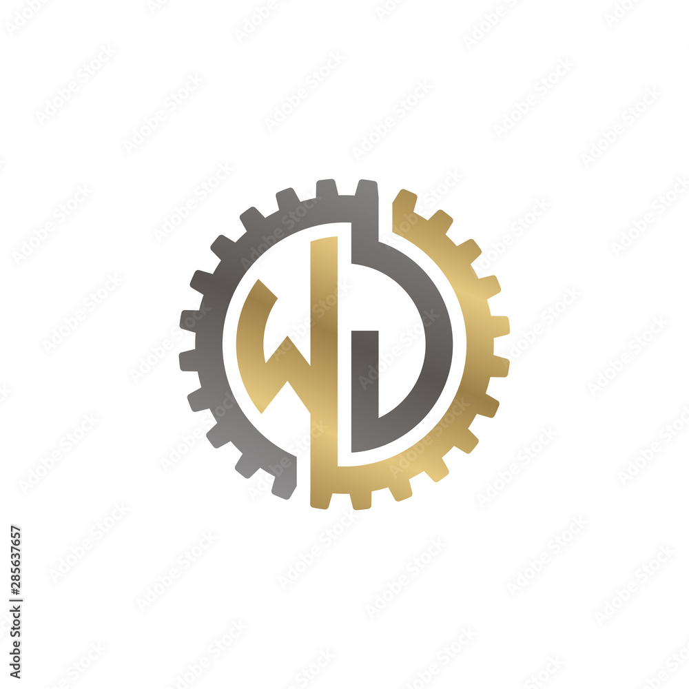 Initial letter W and J, WJ, interlock cogwheel gear logo, black gold on white background Initial letter W and J, WJ, interlock cogwheel gear logo, black gold on white background