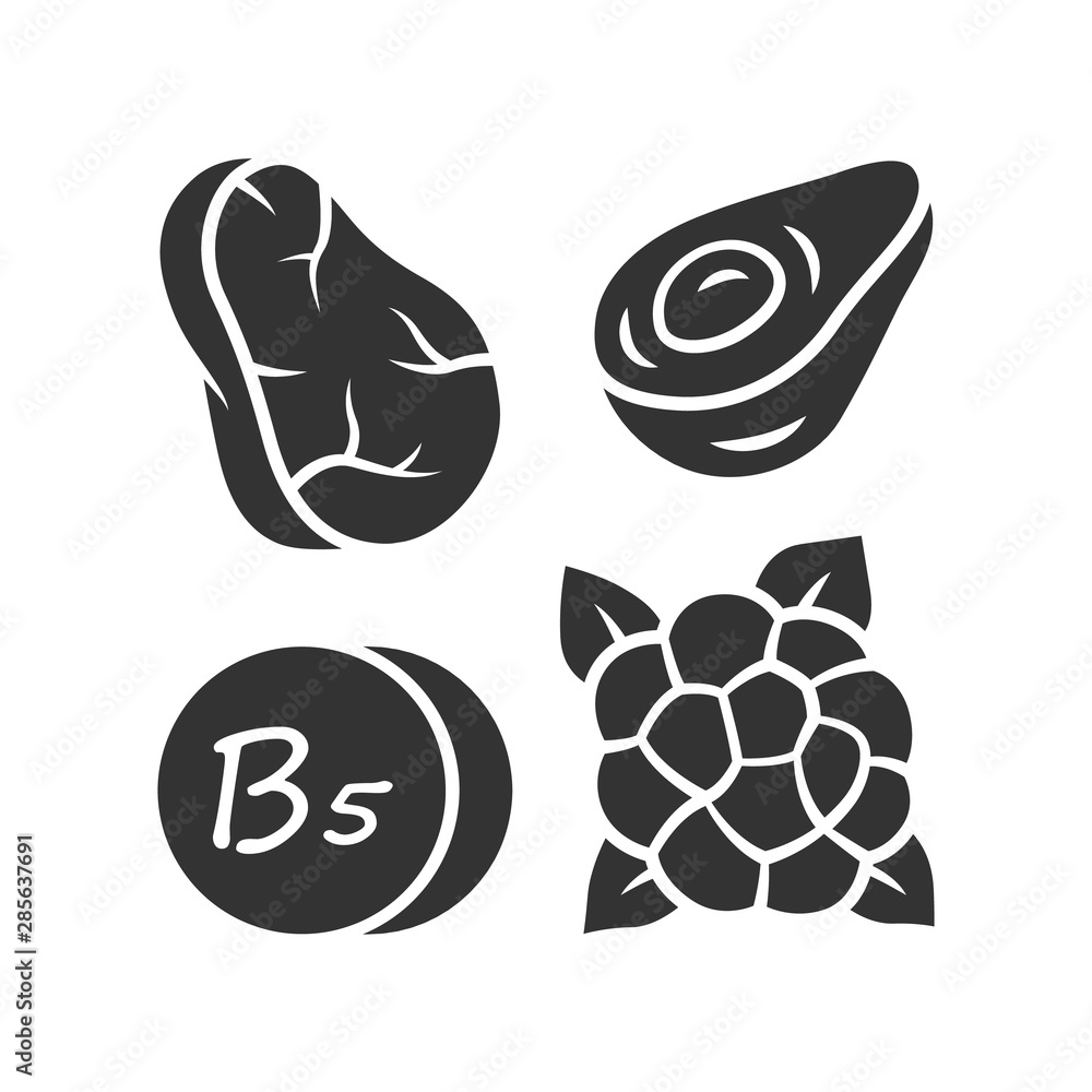 Vitamin B5 glyph icon. Meat, avocado and cauliflower. Healthy eating. Pantothenic acid natural food source. Minerals, antioxidants. Silhouette symbol. Negative space. Vector isolated illustration Vitamin B5 glyph icon. Meat, avocado and cauliflower. Healthy eating. Pantothenic acid natural food source. Minerals, antioxidants. Silhouette symbol. Negative space. Vector isolated illustration