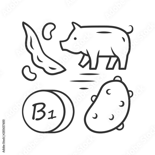 Vitamin B1 linear icon. Potato, pork and green bean. Healthy eating. Thiamin natural food source. Mineral, antioxidant. Thin line illustration. Contour symbol. Vector isolated drawing. Editable stroke