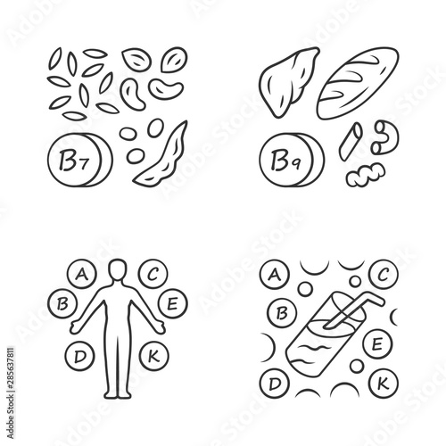 Vitamins linear icons set. B1, B9 natural food source. Vitamin complex, cocktail. Nuts, flour products. Minerals, antioxidants. Thin line contour symbol. Isolated vector illustrations. Editable stroke