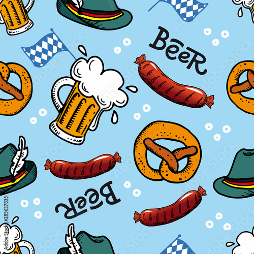 Oktoberfest. Vector flat color seamless pattern for German beer festival in Munich. Hand Drawn Lettering with picture of beer mug, barbecue sausage, pretzel and Bavarian flag. For background; wrapping
