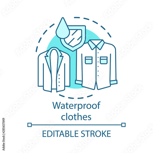 Waterproof clothing concept icon. Moisture resistant autumn clothes idea thin line illustration. Hydrophobic textile, fabric waterproof properties. Vector isolated outline drawing. Editable stroke