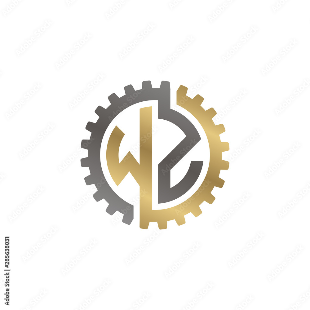 Initial letter W and Z, WZ, interlock cogwheel gear logo, black gold on white background Initial letter W and Z, WZ, interlock cogwheel gear logo, black gold on white background