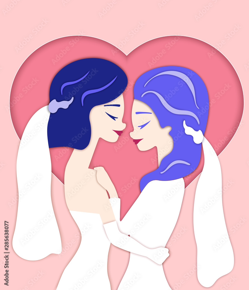 Same sex couple of two beautiful young papercut brides, Same sex couple of two beautiful young papercut brides,