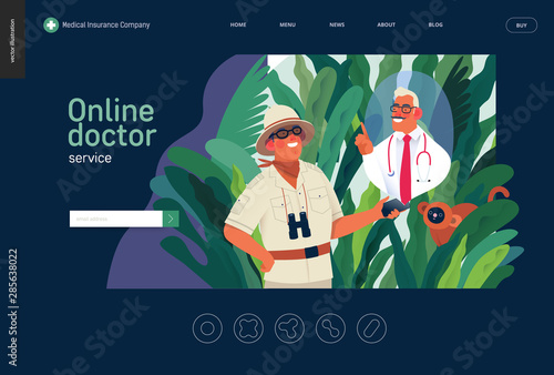 Medical insurance - online doctor service -modern flat vector concept digital illustration - a traveller man wearing bamboo helmet in the jungle talking online with a doctor, medical service metaphor
