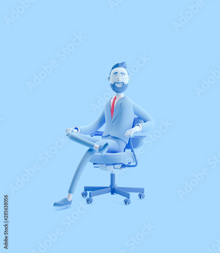 3d illustration. Portrait of a handsome businessman sitting on office chair. Businessman Billy in blue color.