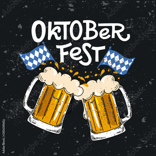 Oktoberfest. Vector flat illustration for German beer festival in Munich. Chalk Lettering with picture of beer mug with foam and Bavarian flag. Clink glasses- Prost! Cracks can be removed