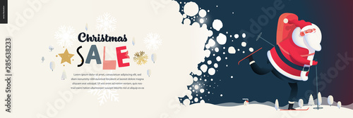Skiing Santa Claus - Christmas sale web banner - modern flat vector concept illustration of cheerful Santa Claus skiing with a gift bag on the snow-covered landscape, stars and snow golden elements
