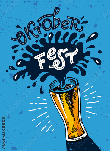 Oktoberfest. Vector flat color illustration for German beer festival in Munich. Hand Drawn Lettering with picture of beer mug with splash. For glass, poster, menu, postcard, flyer, badge. Cracks can b