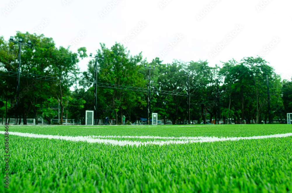 Artificial green grass with white stripe on sports fields for soccer and football. Artificial green grass with white stripe on sports fields for soccer and football.