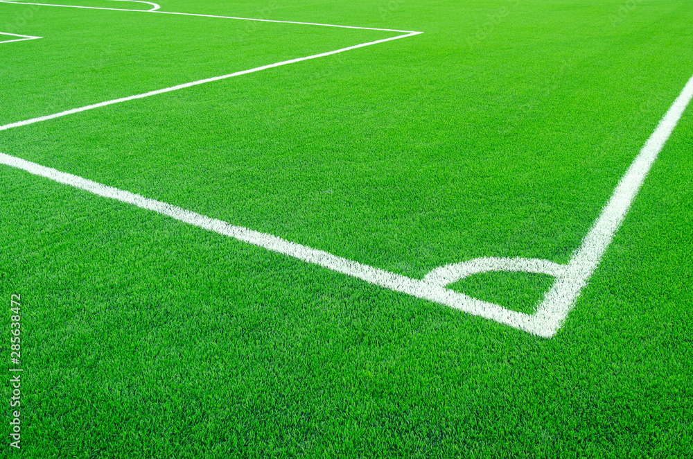 Artificial green grass with white stripe  on sports fields for soccer and football.
