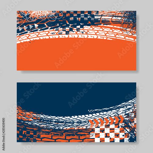 Set of two rectangle banners with red, blue and white ink blots and tire tracks