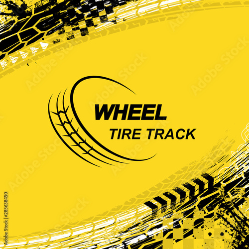 Yellow square background with black and white grunge ink blots and tire tracks
