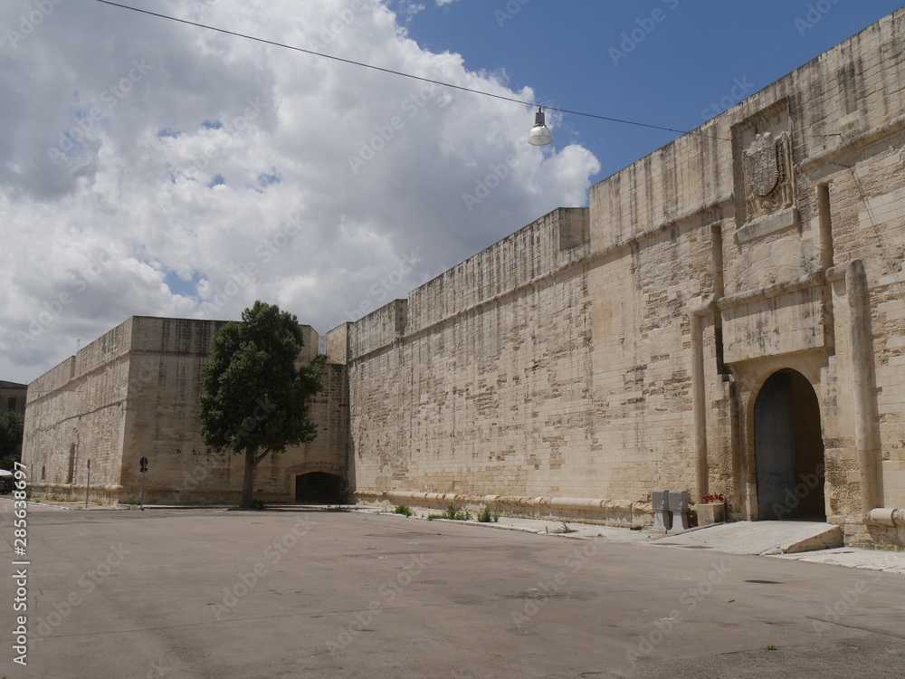 Lecce – Castle. It has a Royal Gate which allows the access and the Rescue Gate on the rear side, which is the most fortified, to counter the dangerous attacks coming from the Adriatic Sea.