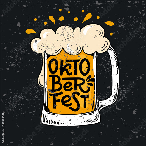 Bavarian Oktoberfest. Vector flat color text illustration for German beerfestival in Munich. Hand Drawn Lettering in picture of beer mug with foam. Template poster, menu, flyer. Cracks can be removed. photo