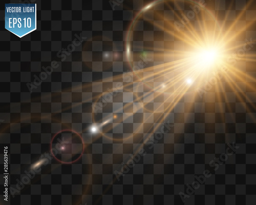 Special lens flash, light effect. The flash flashes rays and searchlight. illust.White glowing light. Beautiful star Light from the rays. The sun is backlit. Bright beautiful star. Sunlight. Glare.