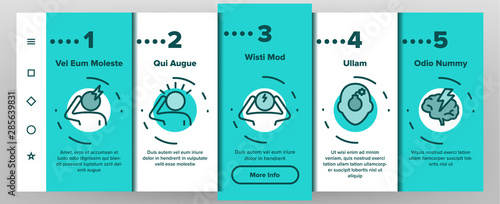 Headache Onboarding Mobile App Page Screen Vector Thin Line. Migraine Brain, Tension And Cluster Headache Symptom Linear Pictograms. Head Medical Problem Illustrations