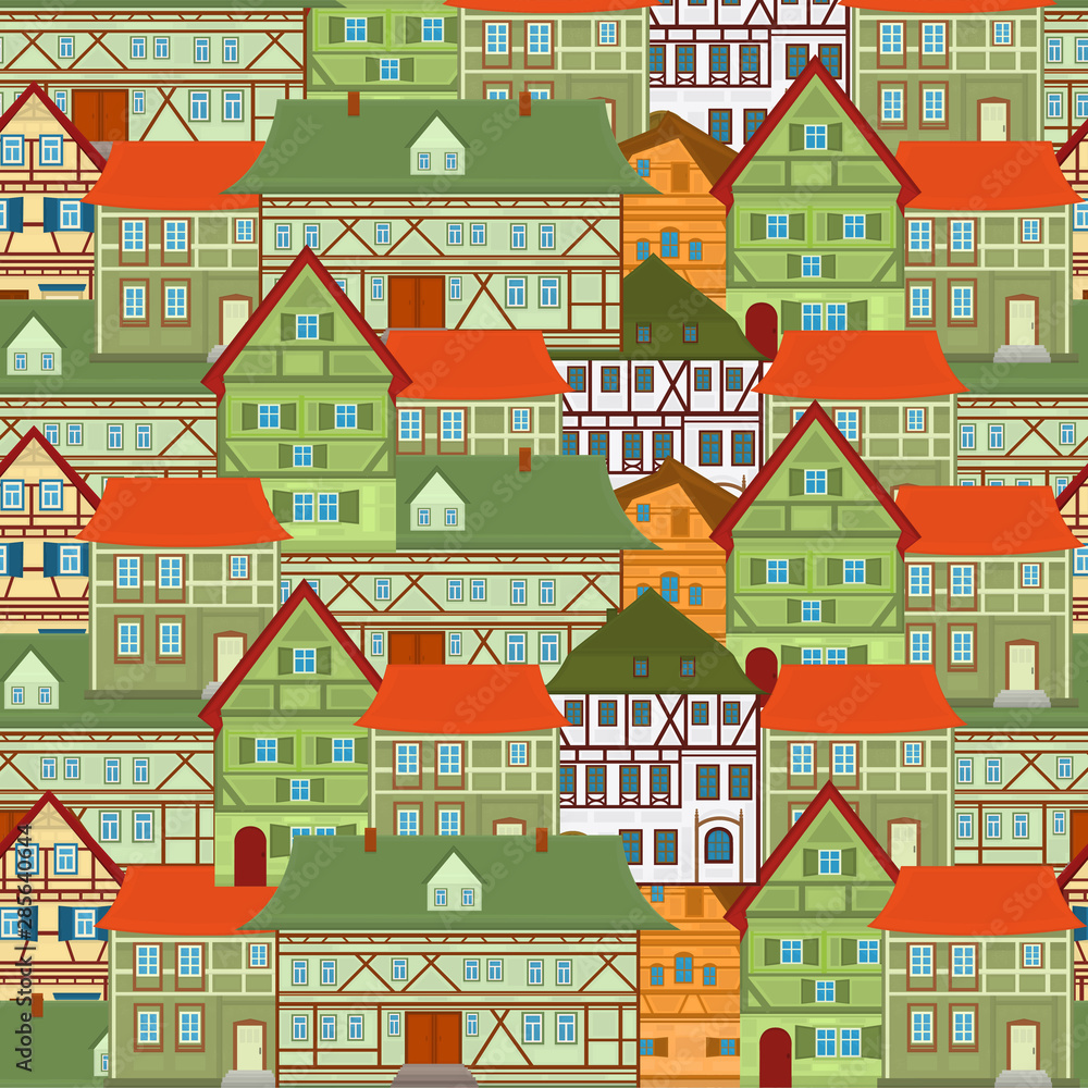 Seamless vector pattern with european houses and buildings.