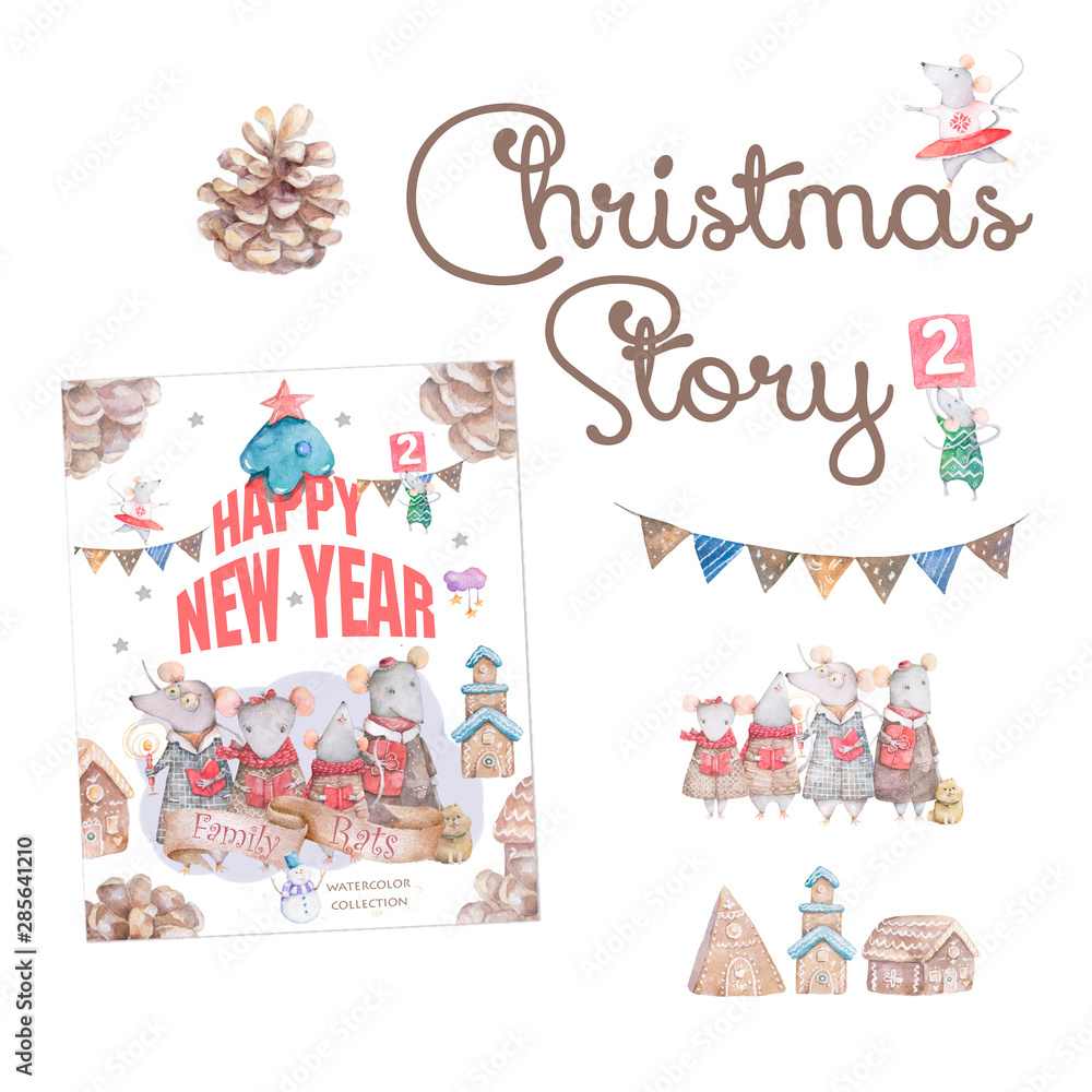Cute set watercolor cartoon rats. hand drawn animals illustration. New Year 2020 holiday drawing illustration. Symbol 2020 Merry Christmas gift card. Greeting postcard