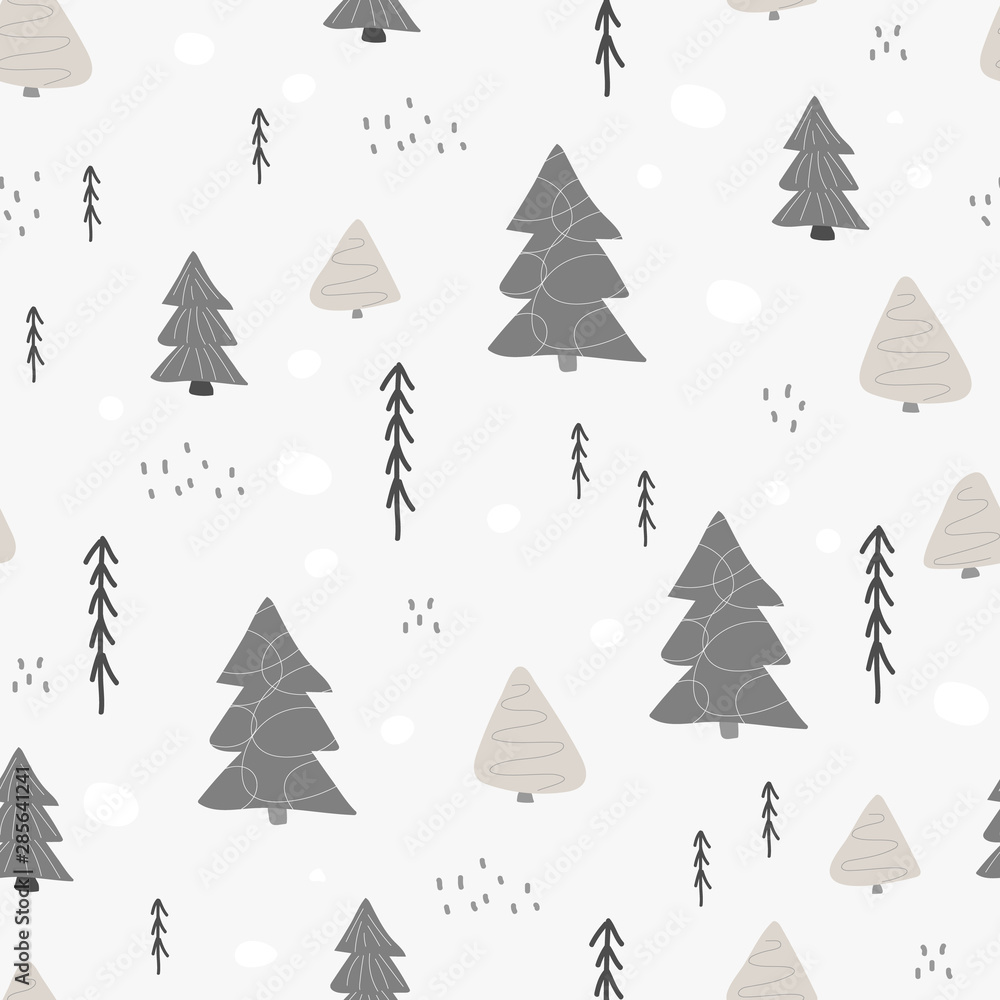 Seamless pattern with winter wood, trees, and ink drawn elements.