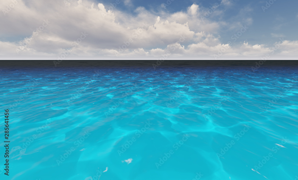 Beautiful tranquil natural vacation seascape with scenic ocean waves in tropical environment, deep clear transparent pure blue water background. A summer travel in paradise, peaceful 3D illustration Beautiful tranquil natural vacation seascape with scenic ocean waves in tropical environment, deep clear transparent pure blue water background. A summer travel in paradise, peaceful 3D illustration