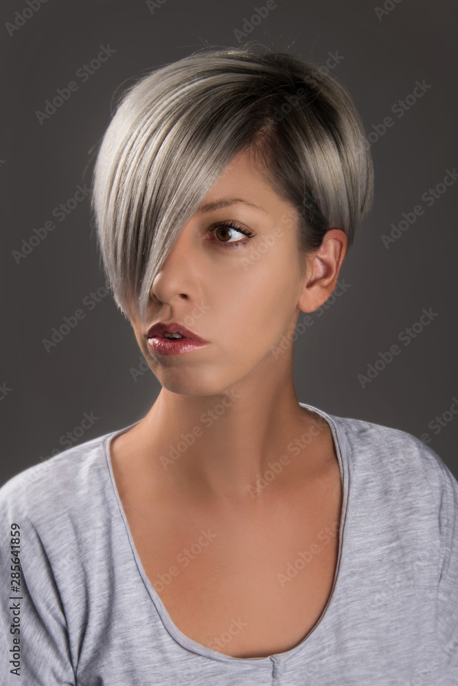 Short Hair Style Hair Cut Grey Silver Platinum Hair Color Stock Photo |  Adobe Stock