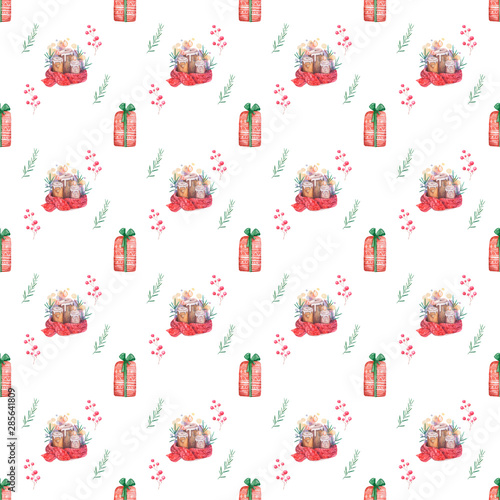 Watercolor seamless pattern Hand drawn Burning candle in christmas candlestick of fir branches with colorful painting red scarf and prize box. Holiday illustration. colorful on white background