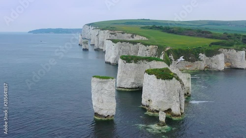Beautiful aerial over the white cliffs of Dover near Old Harrys Rocks on the south coast of England. photo