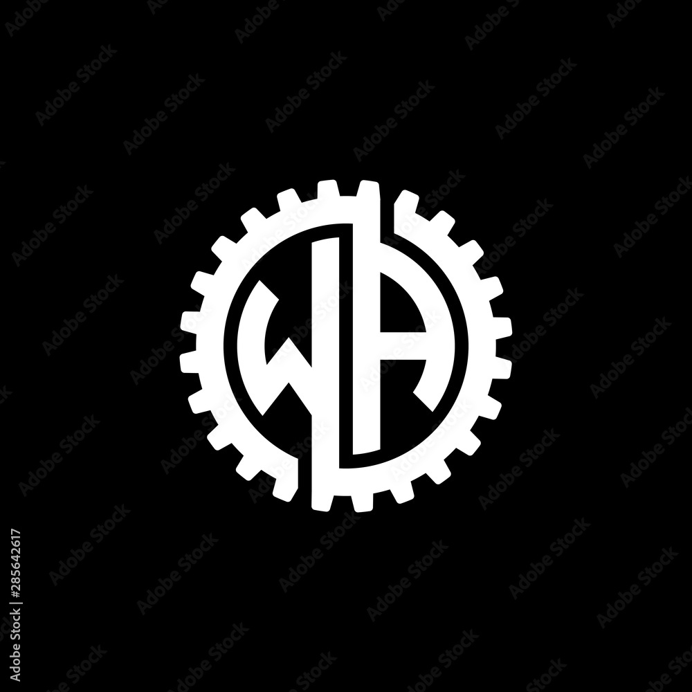 Initial letter W and A, WA, interlock cogwheel gear monogram logo, white color on black background Initial letter W and A, WA, interlock cogwheel gear monogram logo, white color on black background