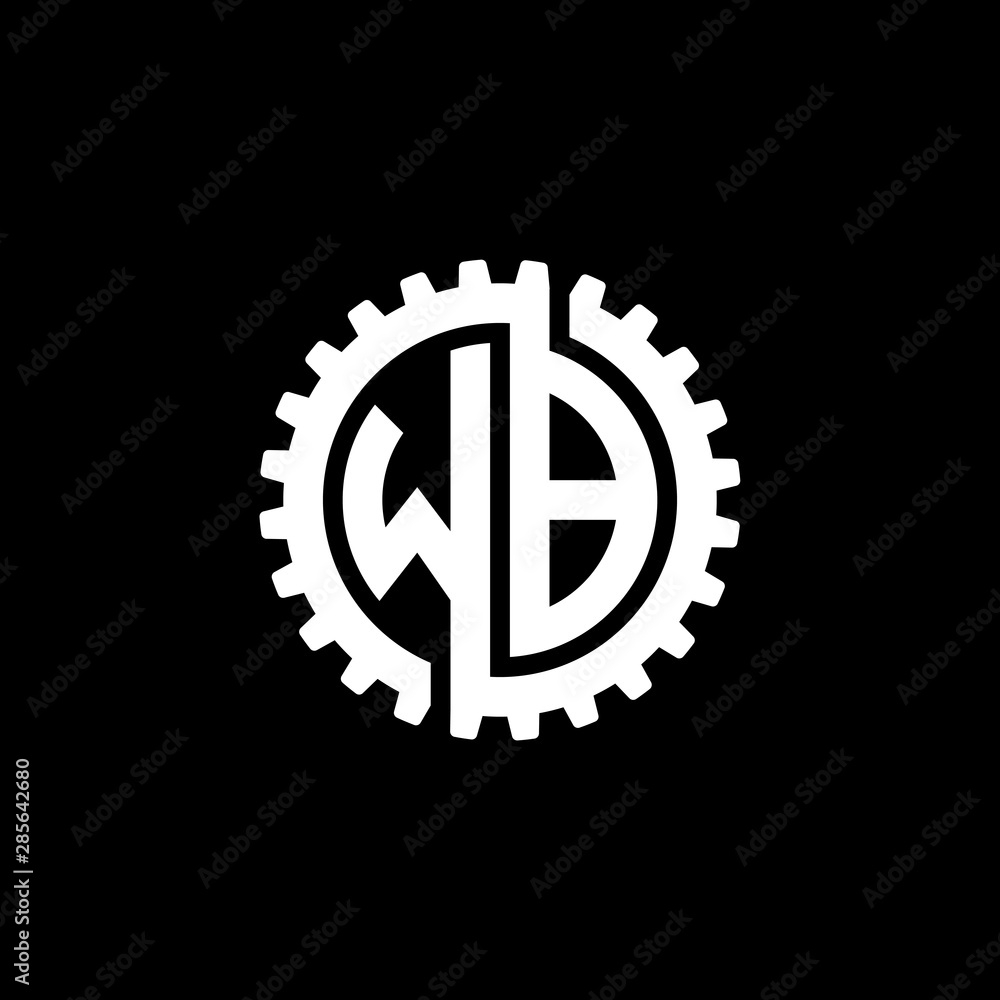 Initial letter W and B, WB, interlock cogwheel gear monogram logo, white color on black background Initial letter W and B, WB, interlock cogwheel gear monogram logo, white color on black background