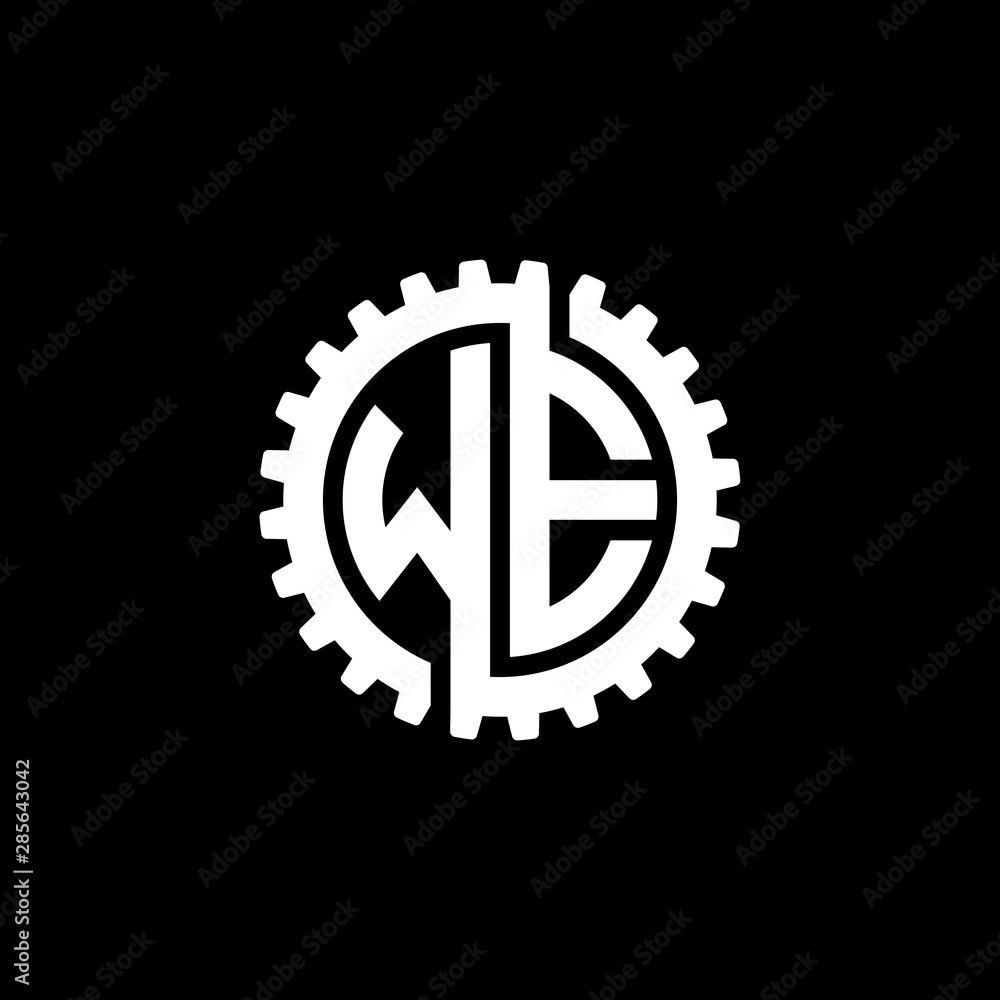 Initial letter W and E, WE, interlock cogwheel gear monogram logo, white color on black background Initial letter W and E, WE, interlock cogwheel gear monogram logo, white color on black background