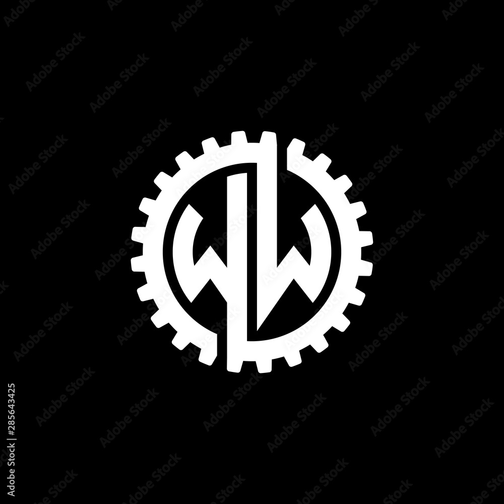 Initial letter W and W, WW, interlock cogwheel gear monogram logo, white color on black background Initial letter W and W, WW, interlock cogwheel gear monogram logo, white color on black background