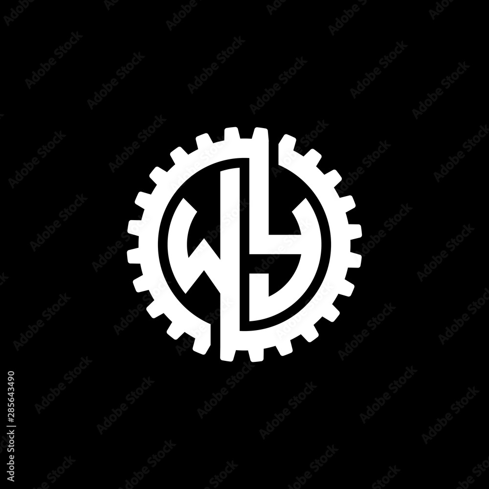Initial letter W and Y, WY, interlock cogwheel gear monogram logo, white color on black background Initial letter W and Y, WY, interlock cogwheel gear monogram logo, white color on black background