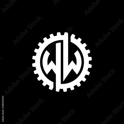 Initial letter W and W, WW, interlock cogwheel gear monogram logo, white color on black background