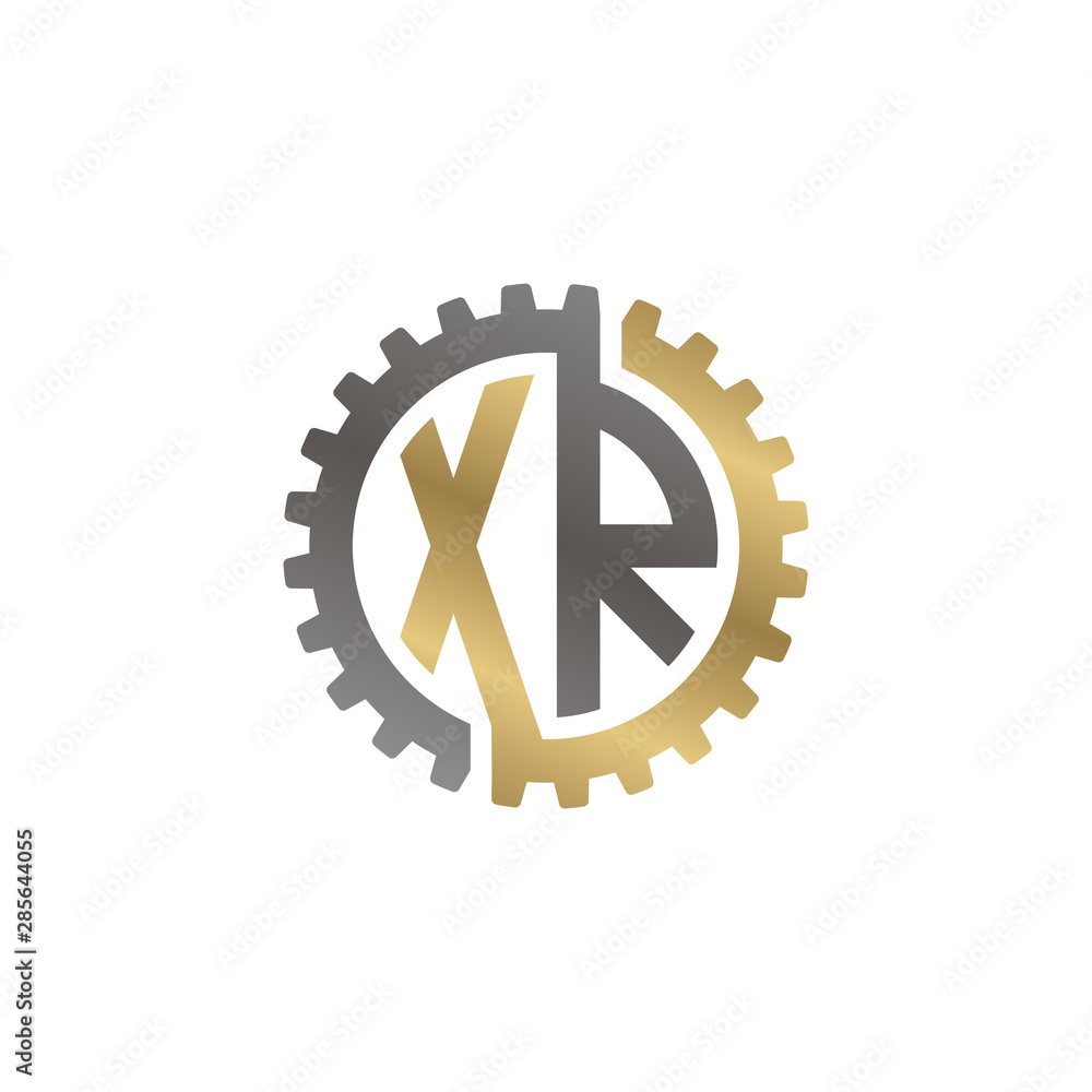Initial letter X and R, XR, interlock cogwheel gear logo, black gold on white background Initial letter X and R, XR, interlock cogwheel gear logo, black gold on white background