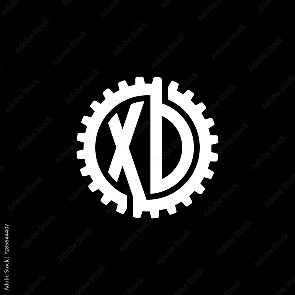 Initial letter X and D, X and O, XD, XO, interlock cogwheel gear monogram logo, white color on black background Initial letter X and D, X and O, XD, XO, interlock cogwheel gear monogram logo, white color on black background