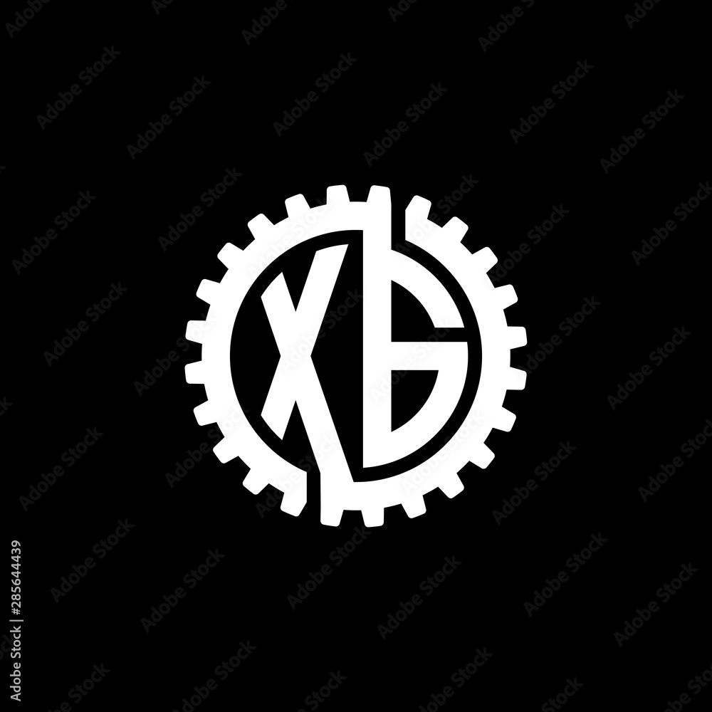 Initial letter X and G, XG, interlock cogwheel gear monogram logo, white color on black background Initial letter X and G, XG, interlock cogwheel gear monogram logo, white color on black background