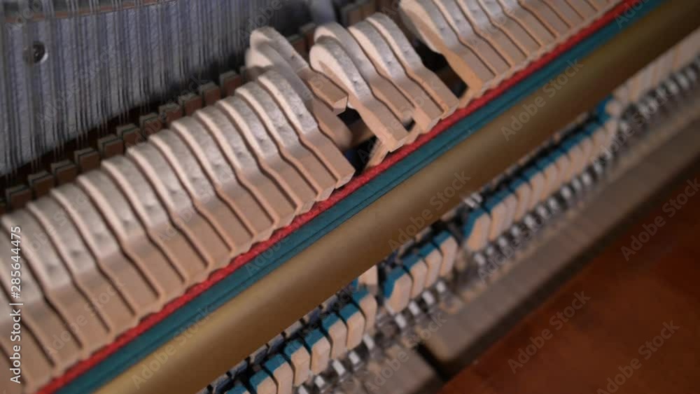 Upright Piano Mechanism Hammers Striking Strings When Song is Played by Musician Upright Piano Mechanism Hammers Striking Strings When Song is Played by Musician
