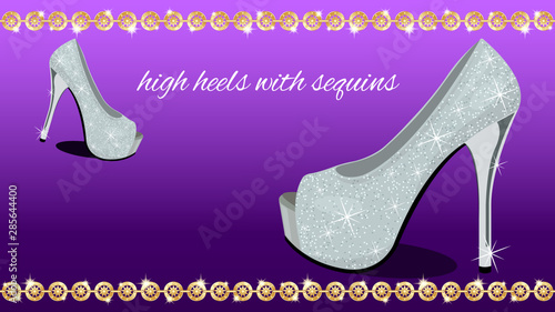 High-heeled shoes with sequins and gold chains.