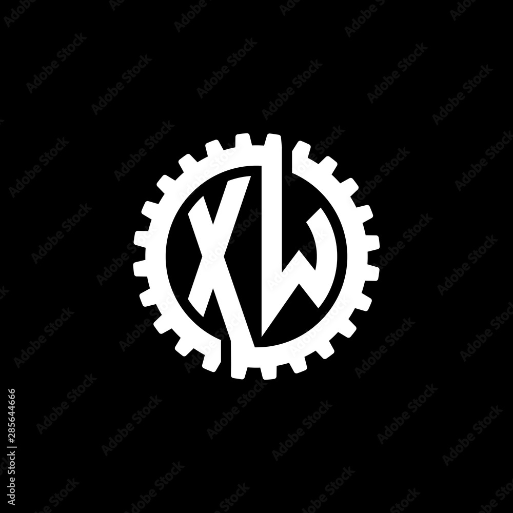 Initial letter X and W, XW, interlock cogwheel gear monogram logo, white color on black background Initial letter X and W, XW, interlock cogwheel gear monogram logo, white color on black background